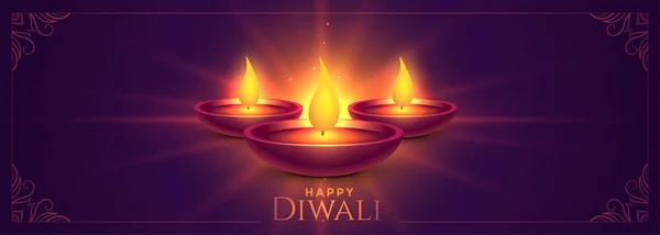 Lumineux heureux diwali diya lampes large bannière — Image vectorielle