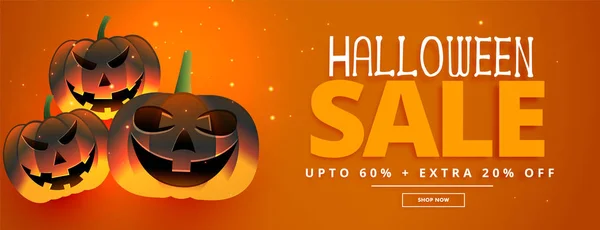 Feliz halloween festival venda banner com três abóbora — Vetor de Stock