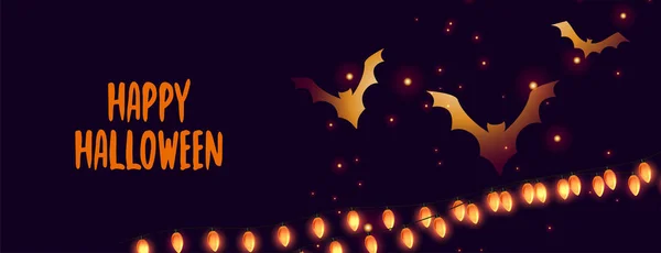 Feliz banner halloween com morcegos brilhantes e luzes — Vetor de Stock