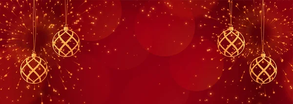 Röd jul banner med glitter och gyllene bollar — Stock vektor