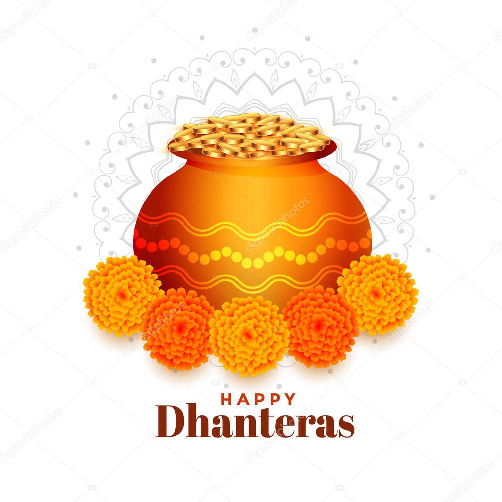 gold coins pot with marigold flower for dhanteras