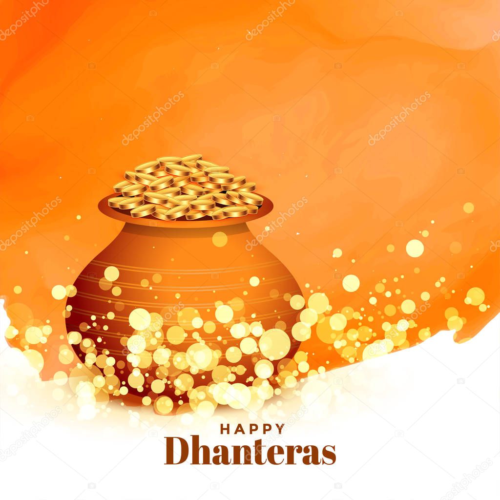 lovely happy dhanteras festival card with gold coin pot