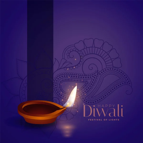 Glücklich Diwali lila Hintergrund mit realistischem Diya-Design — Stockvektor