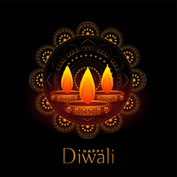 Schöne schwarze glückliche Diwali Hintergrund mit drei Diya — Stockvektor