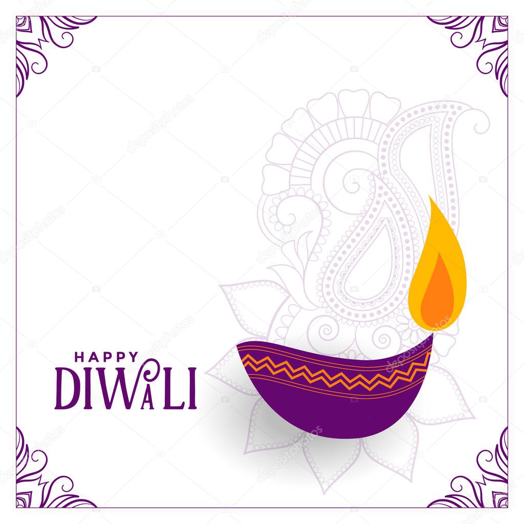 white diwali background with purple diya design
