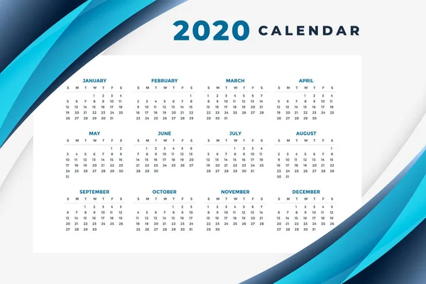 Şık mavi 2020 takvim tasarım şablonu — Stok Vektör