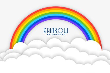 rainbow background with white papercut clouds design clipart