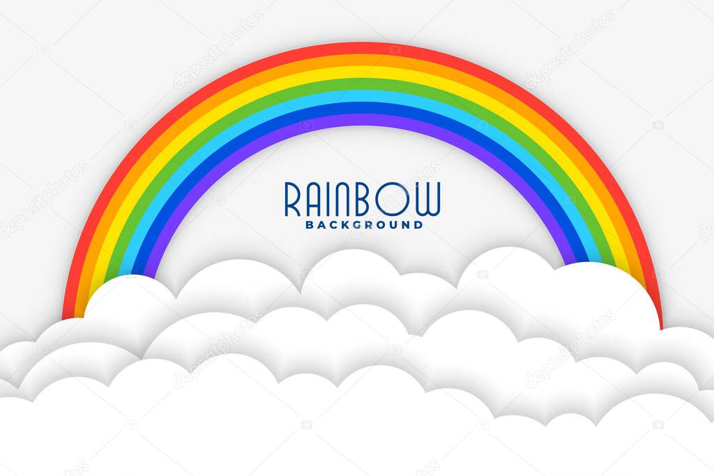 rainbow background with white papercut clouds design