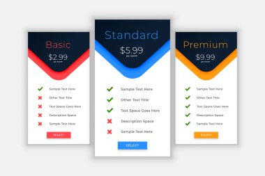 Karşılaştırma için web planları ve fiyatlandırma şablonu