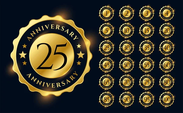 Złote Etykiety Rocznica Logotyp Emblematy Duży Zestaw — Wektor stockowy