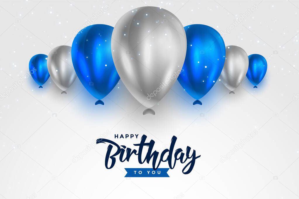happy birthday blue and silver white shiny balloons background