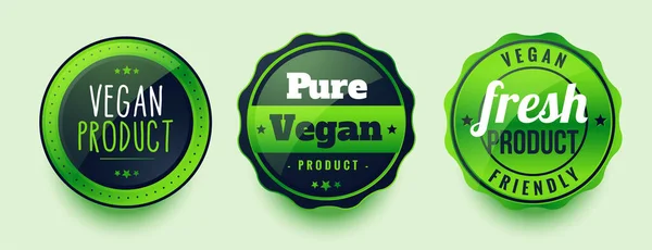 Puro Vegano Fresco Etiquetas Conjunto Tres — Vector de stock