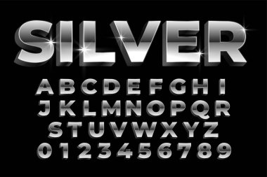 Parlak gümüş alfabeler ve sayılar metin efekti tasarımını ayarlar