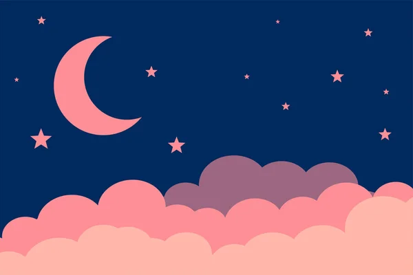 Flachen Stil Mond Sterne Und Wolken Hintergrunddesign — Stockvektor