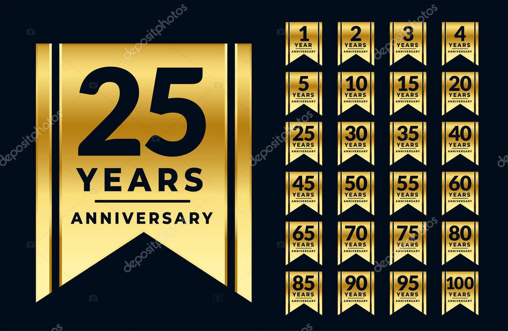Ribbon style anniversary golden labels or emblems set