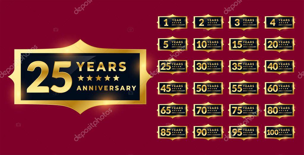 Shiny golden anniversary labels or emblems set
