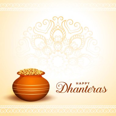 happy dhanteras greeting with golden coins pot clipart
