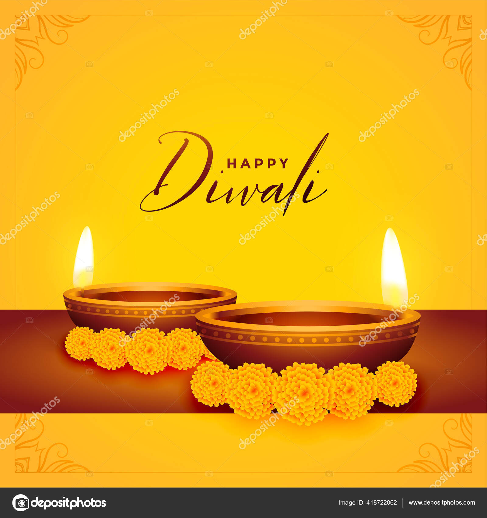 Happy Diwali Yellow Background Diya Flower Stock Vector Image by ©StarLine  #418722062