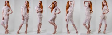 Kolaj ek seksi redhead kadınlar beyaz elbise. Hiçbir rötuş ile gri arka plan üzerinde genç güzel modelleri
