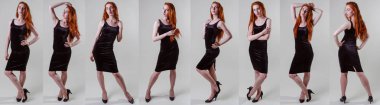 Kolaj ek seksi redhead kadınlar siyah elbise. Hiçbir rötuş ile gri arka plan üzerinde genç güzel modelleri