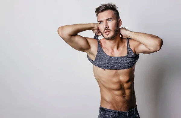 Muscular Model Sports Young Man Blue Jeans Raised His Hand — Stock Photo, Image