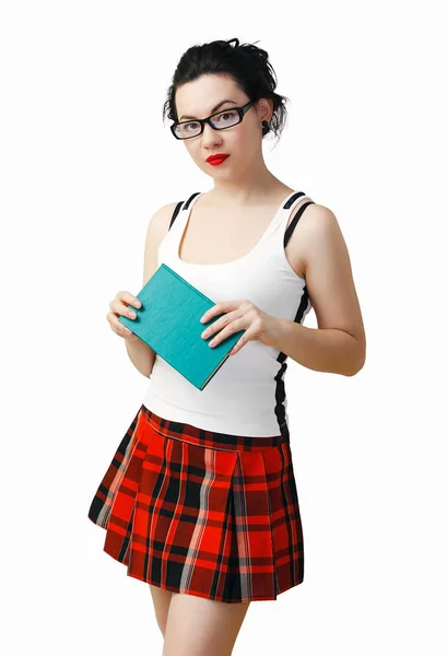Woman Schoolgirl Costume Black Glasses Reading Holds Book His Hands Royalty Free Stock Photos