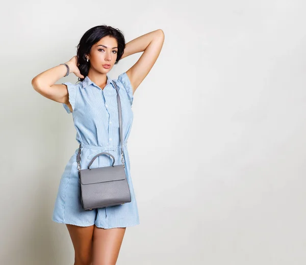 Fashion Woman Holding Handbag Wearing Jumpsuit Nice Tanned Brunette Posing — Stock Photo, Image