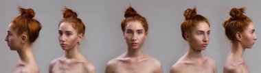 Portreler kolaj kümesi. Yakın çekim portre gri arka plan üzerinde duran bir seksi güzel ince Kızıl saçlı kadın. Bir kız yüz farklı açılı görünüş.