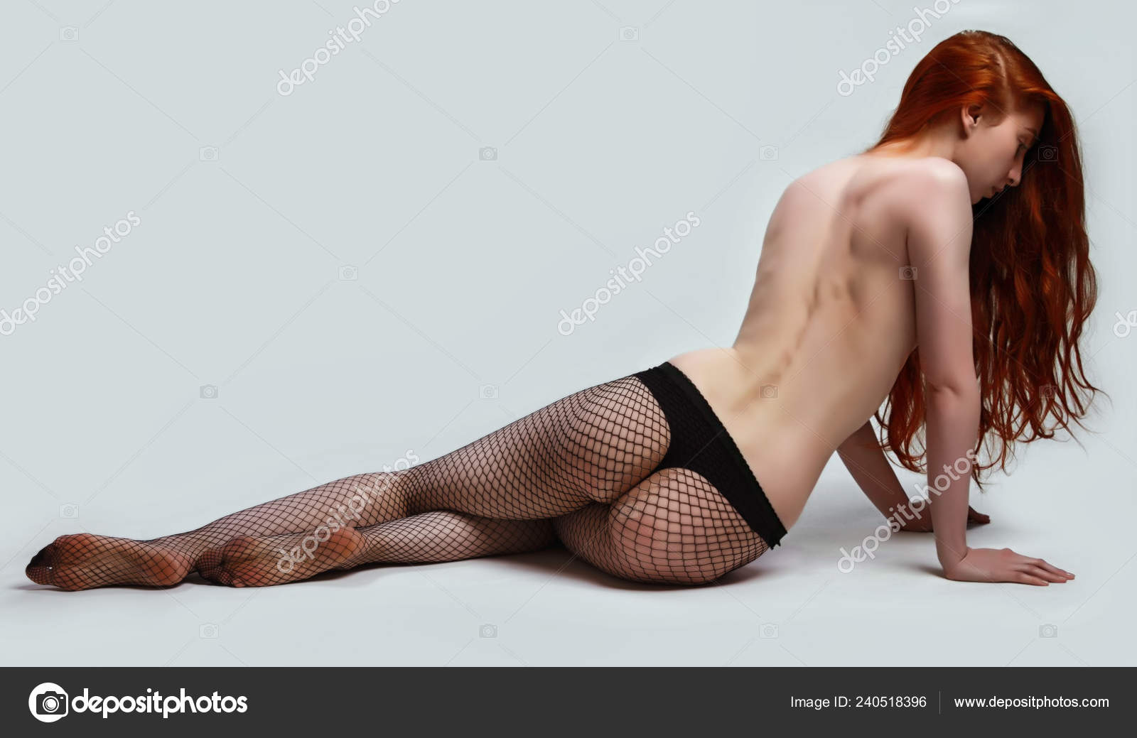 Beautiful Portrait Gorgeous Red Headed Woman Sexy Slim Figure Fishnet Stock Photo by ©Oleg.Ermak88 240518396 pic