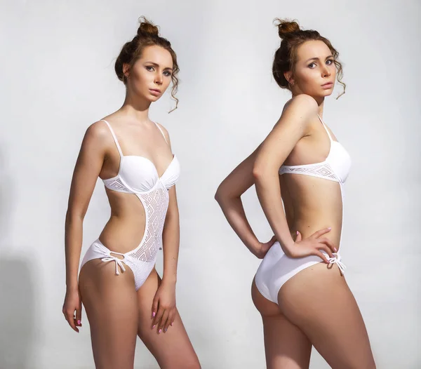 Collage snap girl with hair tied in knot is posing in the white knitted swimsuit in the studio on gray background