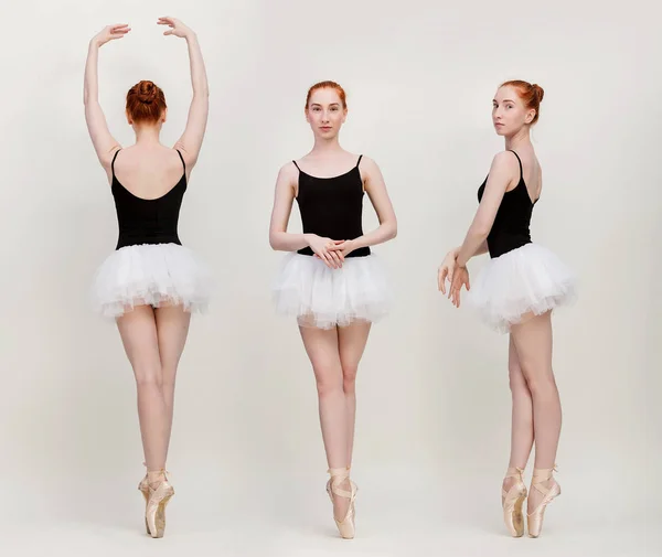 Conjunto de corpo inteiro bailarina colagem poses diferentes. Bailarina está posando e dançando em um estúdio cinza claro cheio de luz — Fotografia de Stock