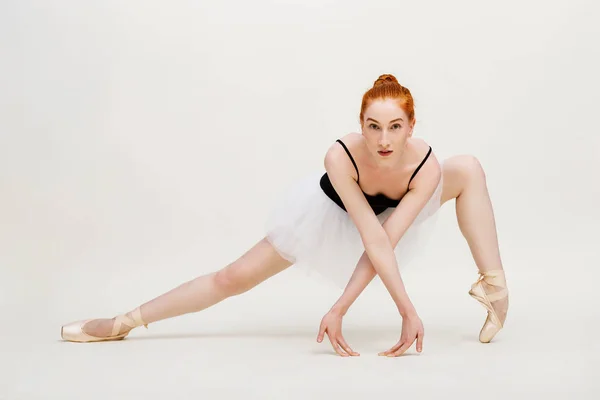 Современный балетный танцор, тренирующийся в полном составе на светло-сером фоне студии. Балерина или современный танцор в черных купальниках, танцующий на студийном фоне. Рыжая кавказская модель на балетном пуанте — стоковое фото