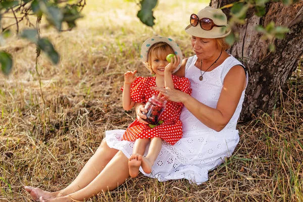 Happy grandmother with granddaughter spend a fun time hugging together in summer outdoors. Rest under a tree eat berries and apples. Family and healthy food