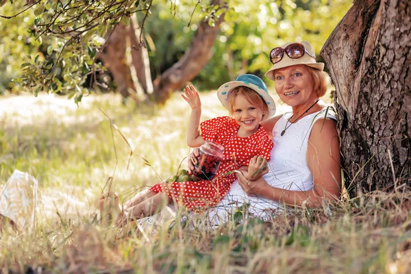 Happy grandmother with granddaughter spend a fun time hugging together in summer outdoors. Rest under a tree eat berries and apples. Family and healthy food