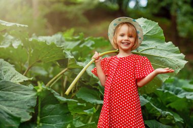 Journey in wood. Little blonde hair and blue eyes girl with big green leaves in hands, smiling expression. Girl in polka dot red dress and straw hat hold large burdock leaf like umbrella. clipart