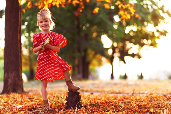 Kids fashion. Adorable girl throwing the fallen leaves up, playing in the autumn park. Little blonde hair and blue eyes girl in polka dot red dress and boots, smiling expression, golden hour