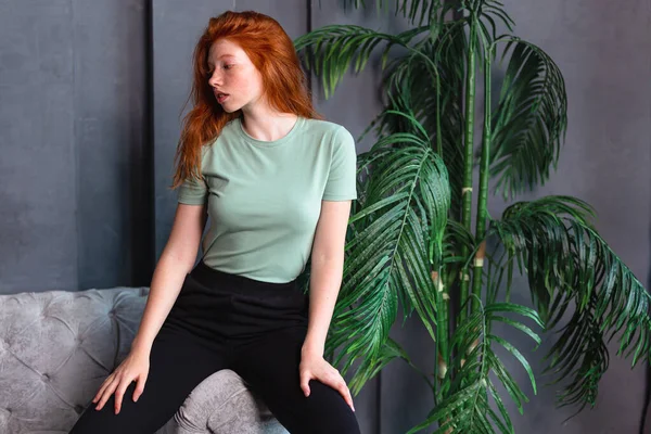Πορτρέτο Ενός Όμορφου Σέξι Κορίτσι Κάθεται Casual Ρούχα Στον Καναπέ — Φωτογραφία Αρχείου