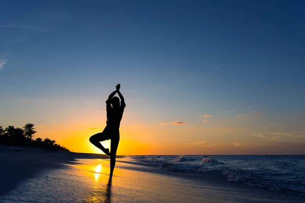Joga vrikshasana drzewo pozować przez kobietę w sylwetce na plaży z zachodem słońca tle nieba. Wolne miejsce na tekst. — Zdjęcie stockowe