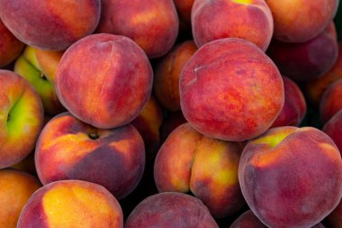 Meyve ve sebzelerde taze taze organik şeftali yığını. Yerel üreticilerden organik ekolojik gıda pazarı..