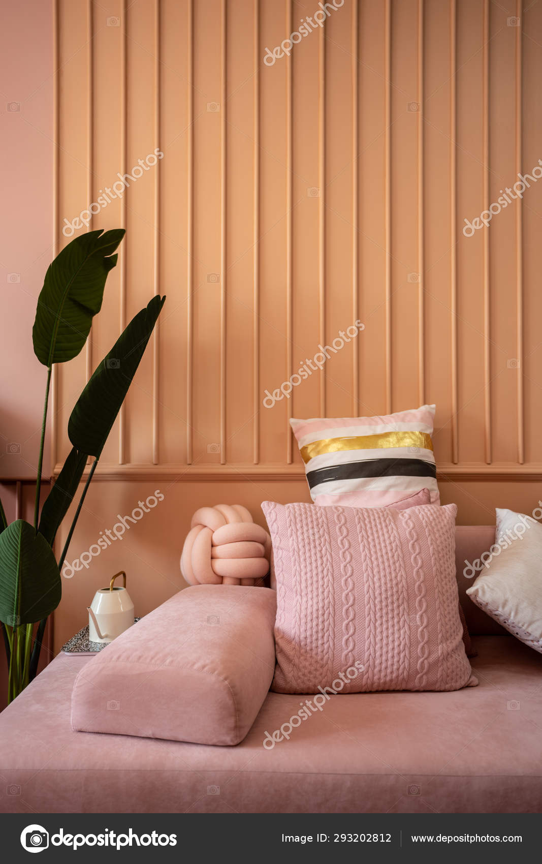 Light Pink Bedroom Interior Velvet Sofa Artificial Plant