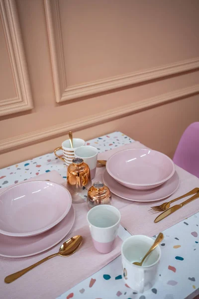 Close Stylish Kitchen Terrazzo Table Utensils Pastel Colors Pink Chair — Stock Photo, Image