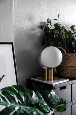 Yeşil bitkiler ve lamba ile şık minimalist oturma odası