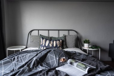 yatakta yapay bitkiler ve dergi ile rahat yatak odası iç