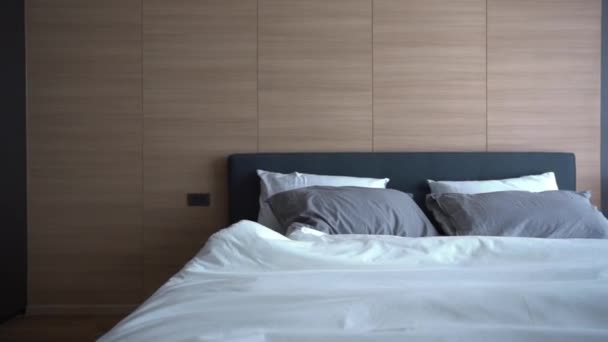 Images Intérieur Chambre Avec Lit Tissu Gris Moderne Oreillers Confortables — Video