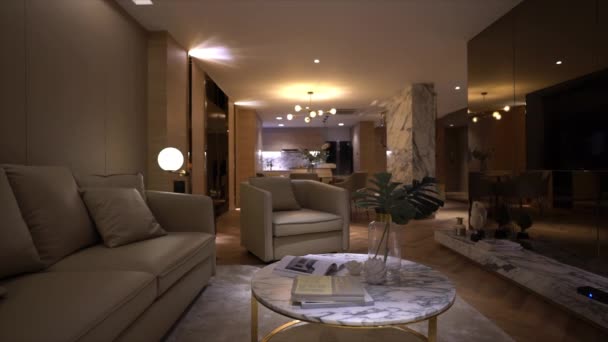 Bilder Elegant Lyxigt Vardagsrum Med Beige Läder Soffa Guld Rostfritt — Stockvideo