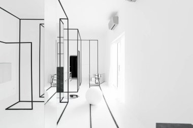 Soyut dairesel mermer ve metal çizgileri olan minimal siyah ve beyaz oda, doğal ışık ayarı sahnesinde aynaya yansıyor.