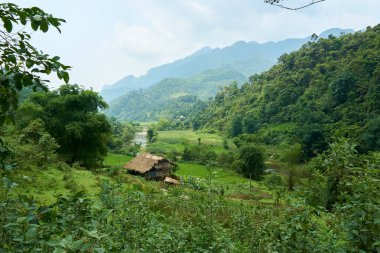 Kuzey Vietnam dağlarında ev. Vietnam'ın kuzeyindeki Ha Giang döngüsünde güzel manzara. Motosiklet gezisi