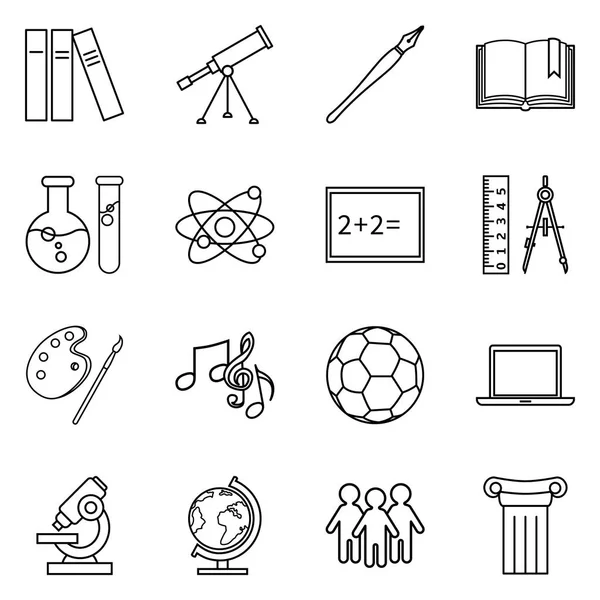 Conjunto Vectorial Iconos Contorno Negro Iconos Asignaturas Escolares Símbolo Educación — Vector de stock