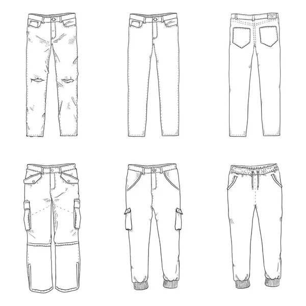 Satır Eskiz Çizimler Pantolon Pantolon Koleksiyonu Kümesi Beyaz Arka Plan — Stok Vektör