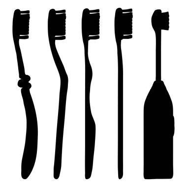 Beyaz arka plan üzerinde siyah siluet diş fırçaları kümesini